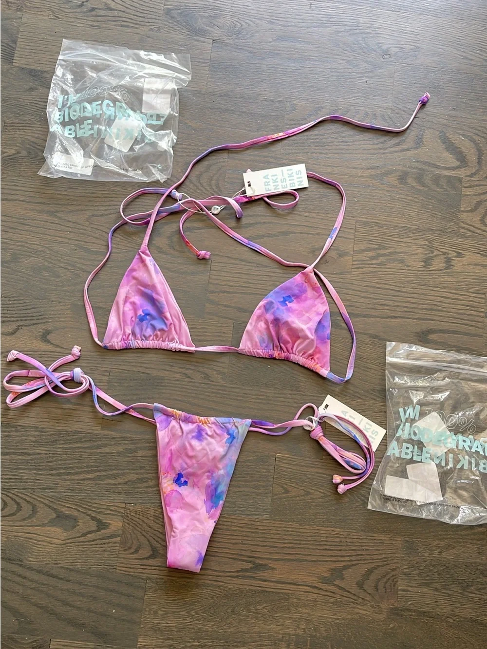 Frankie's Bikinis Pink Purple Tie-Dye Triangle String Bikini Rare